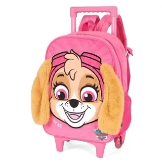 Vista lateral da mochila infantil Luxcel rosa com estampa da Skye e rodinhas
